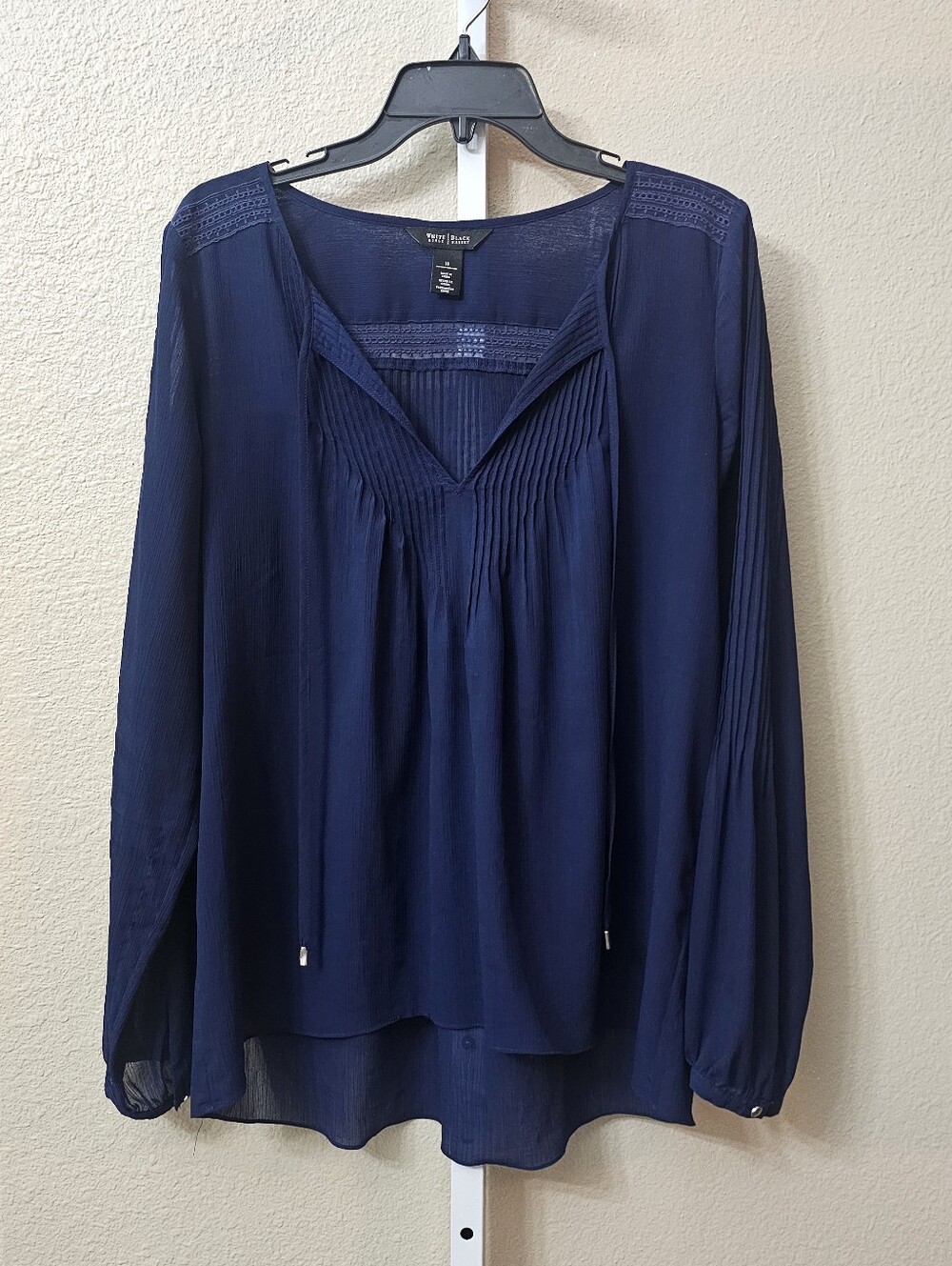 White House Black Market blue pleated-front chiffon peasant blouse